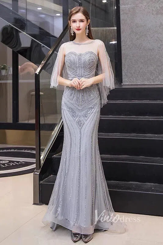 Grey Beaded Prom Dresses with Sleeves FD1432-prom dresses-Viniodress-Viniodress