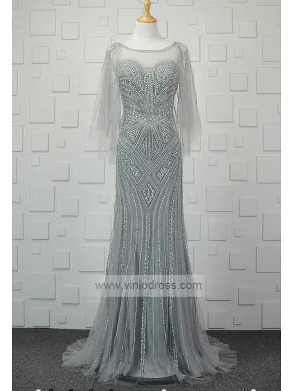 Grey Beaded Prom Dresses with Sleeves FD1432-prom dresses-Viniodress-Grey-Custom Size-Viniodress