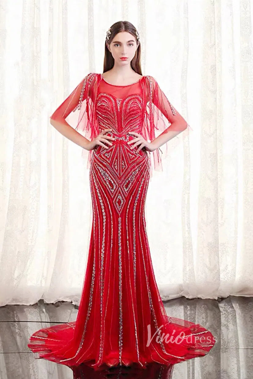 Grey Beaded Prom Dresses with Sleeves FD1432-prom dresses-Viniodress-Red-US 2-Viniodress