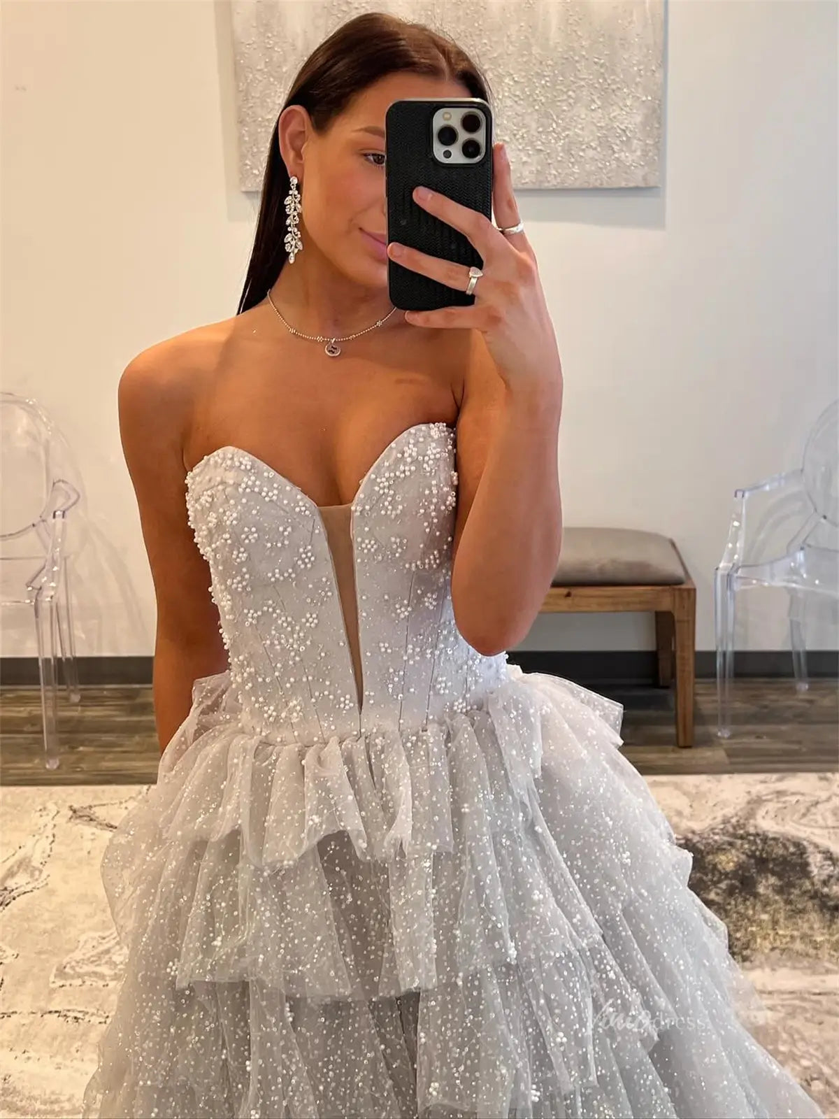 Grey Beaded Tulle Prom Dresses with Sweetheart Neck & Tiered Bottom - FD3746-prom dresses 2025 -Viniodress-Grey-Custom Size-