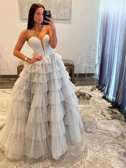 Grey Beaded Tulle Prom Dresses with Sweetheart Neck & Tiered Bottom - FD3746-prom dresses 2025 -Viniodress-Grey-Custom Size-