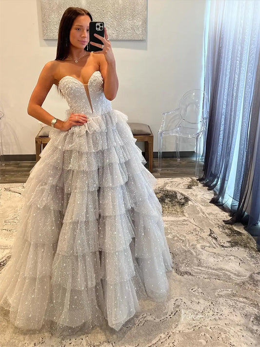 Grey Beaded Tulle Prom Dresses with Sweetheart Neck & Tiered Bottom - FD3746-prom dresses 2025 -Viniodress-Grey-Custom Size-