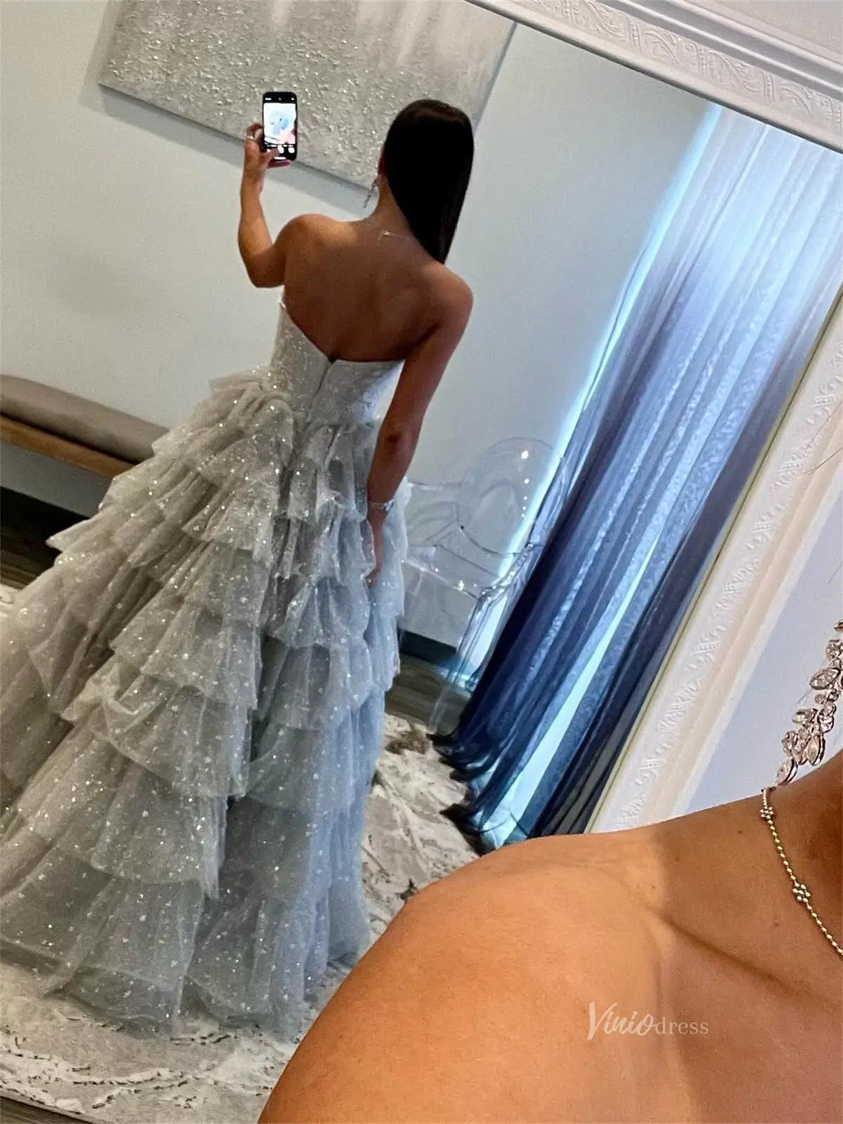 prom dresses 2025 Grey Beaded Tulle Prom Dresses with Sweetheart Neck & Tiered Bottom - FD3746-plus size wedding dresses Viniodress-Grey-Custom Size-