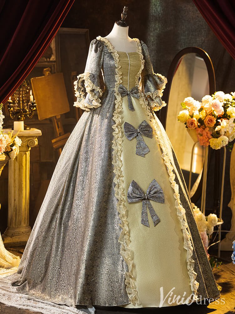 Grey Bow Tie Vintage Ball Gown Lacy Puffed Sleeve Princess Dress AD1308-Quinceanera Dresses 2025 -Viniodress-Grey-Custom Size-