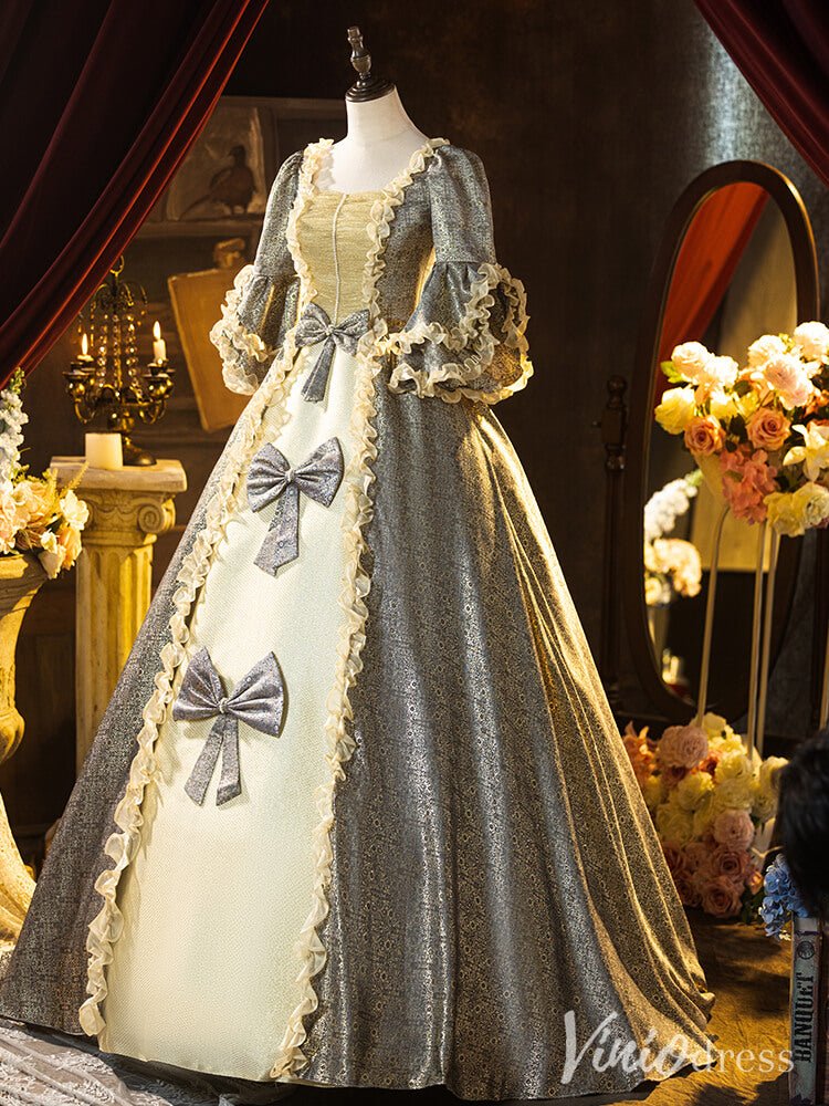 Grey Bow Tie Vintage Ball Gown Lacy Puffed Sleeve Princess Dress AD1308-Quinceanera Dresses 2025 -Viniodress-Grey-Custom Size-