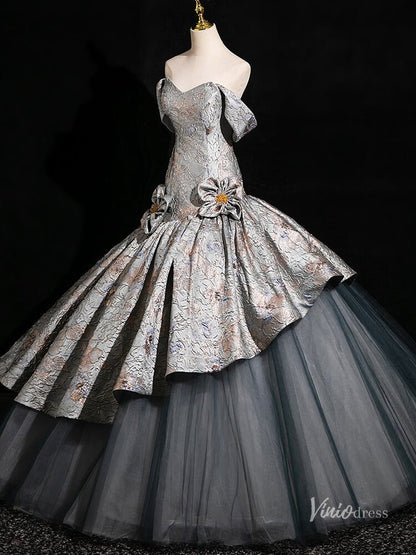 Grey Floral Tiered Off the Shoulder Prom Ball Gown Tiered Quinceanera Dresses BG002-prom dresses 2025 -Viniodress-Grey-Custom Size-