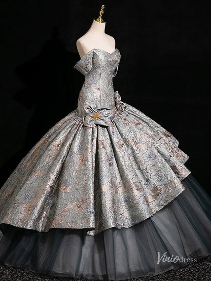 Grey Floral Tiered Off the Shoulder Prom Ball Gown Tiered Quinceanera Dresses BG002-prom dresses 2025 -Viniodress-Grey-Custom Size-