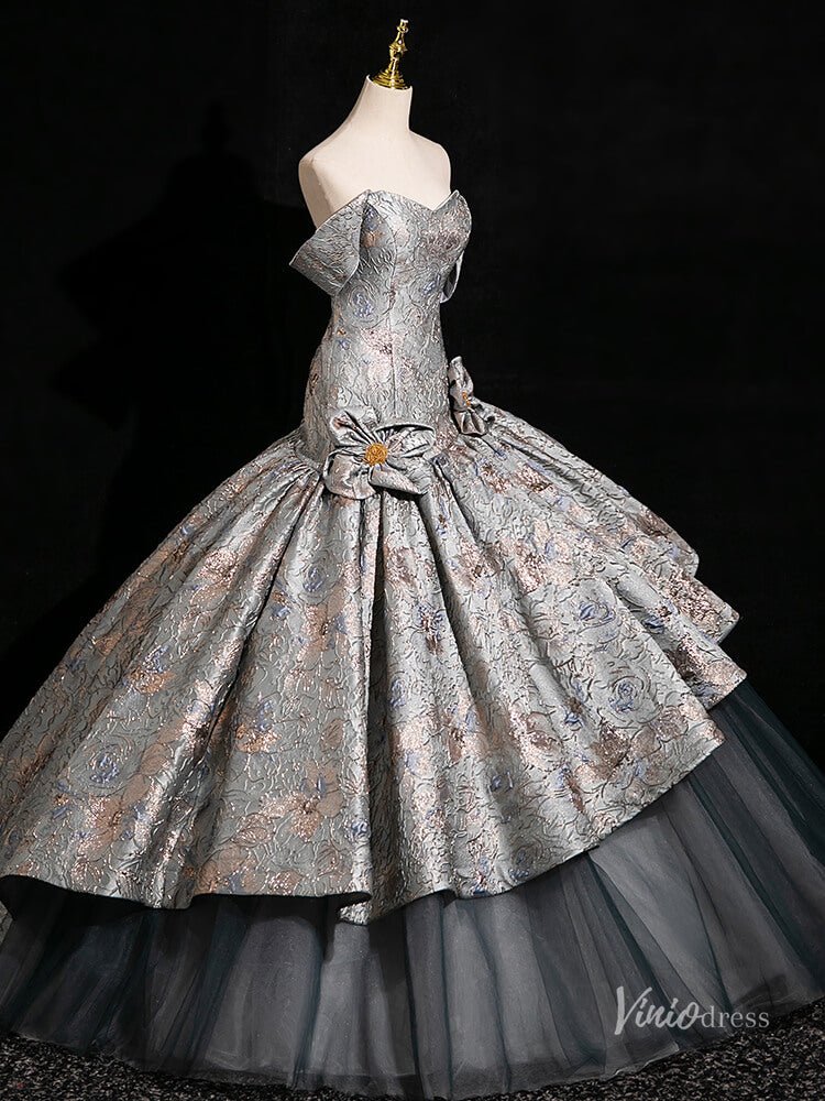 Grey Floral Tiered Off the Shoulder Prom Ball Gown Tiered Quinceanera Dresses BG002 - Viniodressprom dressesGreyCustom Size - Formal Dresses - Ball Gowns