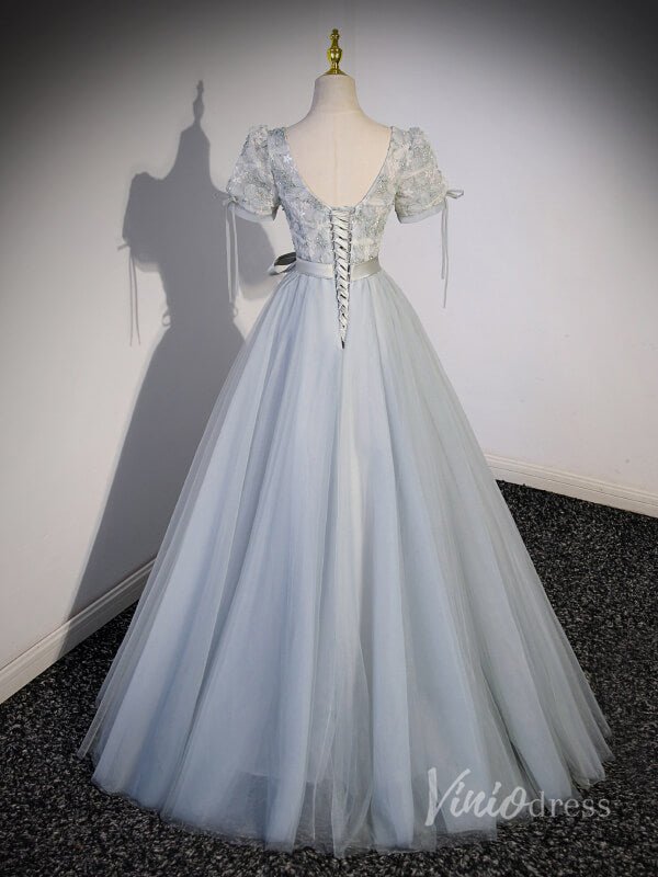 Grey Lace Short Sleeve Tulle Prom Dresses Bow Tie Waist V-Neck 90044-prom dresses 2025 -Viniodress-Grey-Custom Size-