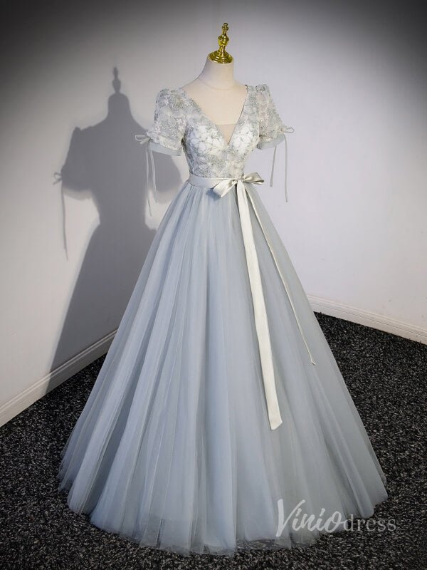 Grey Lace Short Sleeve Tulle Prom Dresses Bow Tie Waist V-Neck 90044-prom dresses 2025 -Viniodress-Grey-Custom Size-