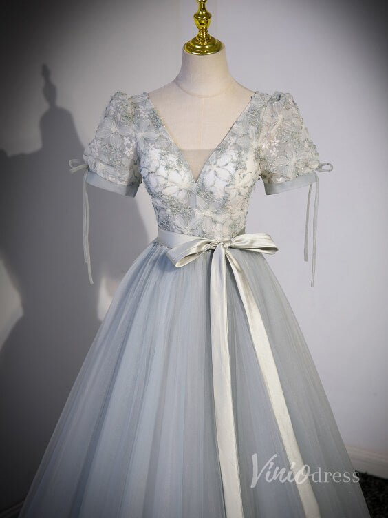 Grey Lace Short Sleeve Tulle Prom Dresses Bow Tie Waist V-Neck 90044-prom dresses 2025 -Viniodress-Grey-Custom Size-