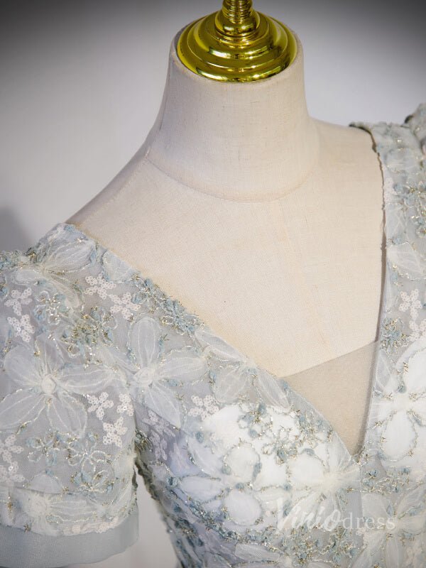 Grey Lace Short Sleeve Tulle Prom Dresses Bow Tie Waist V-Neck 90044-prom dresses 2025 -Viniodress-Grey-Custom Size-