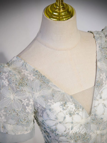 Grey Lace Short Sleeve Tulle Prom Dresses Bow Tie Waist V-Neck 90044-prom dresses 2025 -Viniodress-Grey-Custom Size-