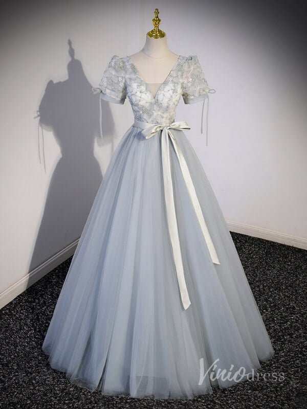 Grey Lace Short Sleeve Tulle Prom Dresses Bow Tie Waist V-Neck 90044-prom dresses 2025 -Viniodress-Grey-Custom Size-