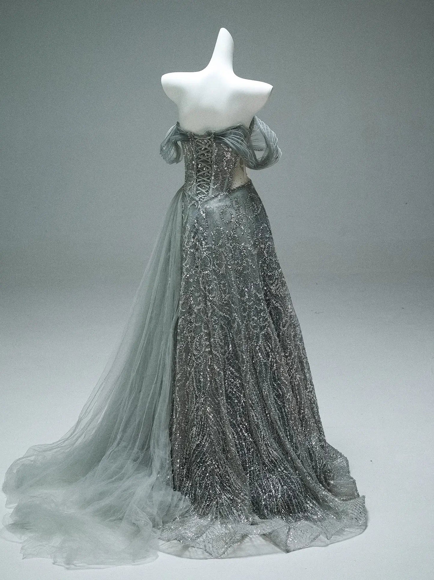 Grey Off the Shoulder Evening Gown with Sparkly Tulle, Overskirt & Lace-Up Back - CQ0106-Couture Gown 2025 -Viniodress-Grey-Custom Size-