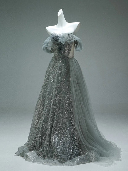 Grey Off the Shoulder Evening Gown with Sparkly Tulle, Overskirt & Lace-Up Back - CQ0106-Couture Gown 2025 -Viniodress-Grey-Custom Size-