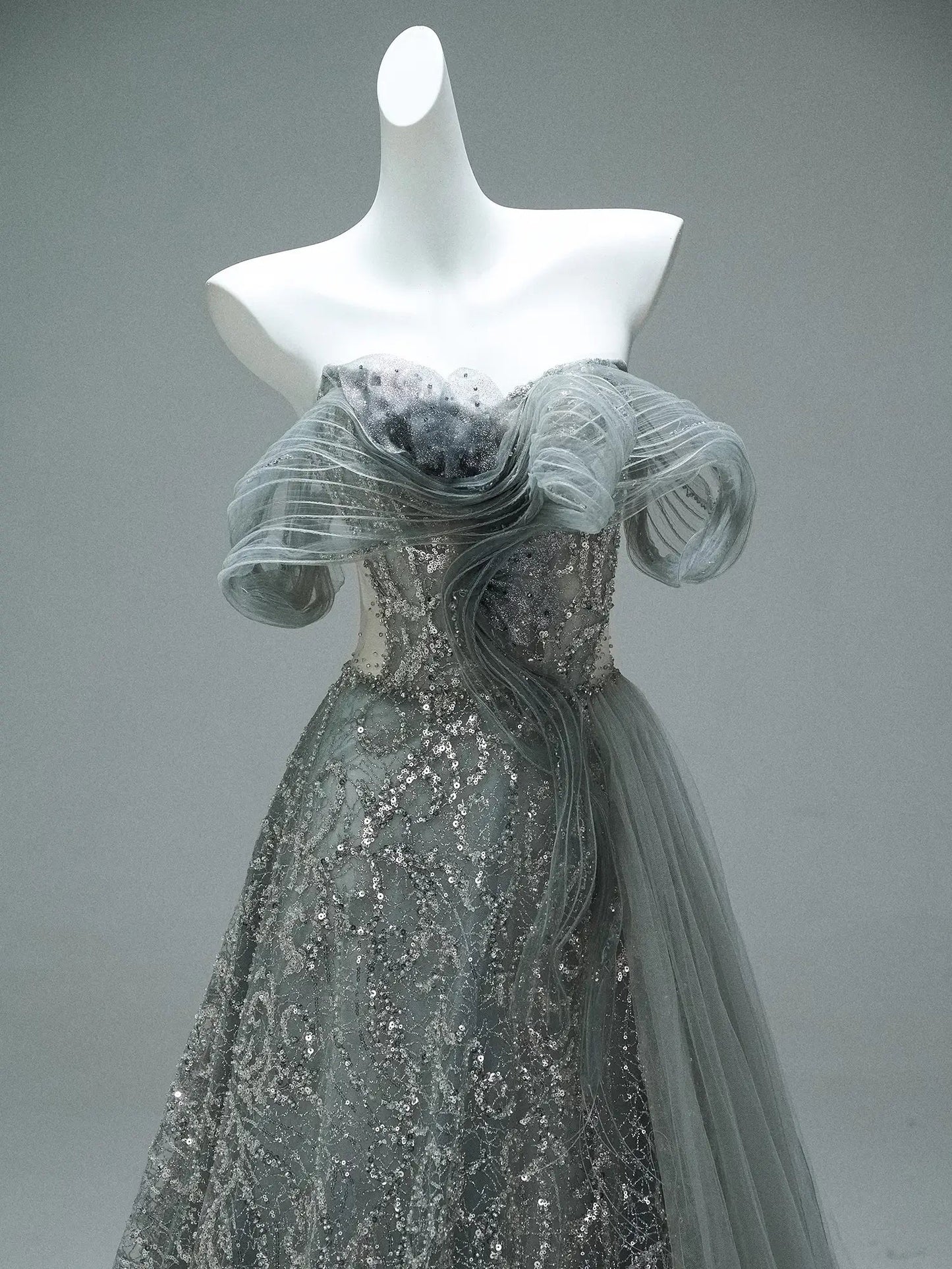 Grey Off the Shoulder Evening Gown with Sparkly Tulle, Overskirt & Lace-Up Back - CQ0106-Couture Gown 2025 -Viniodress-Grey-Custom Size-