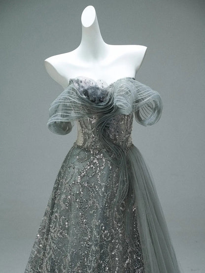 Grey Off the Shoulder Evening Gown with Sparkly Tulle, Overskirt & Lace-Up Back - CQ0106-Couture Gown 2025 -Viniodress-Grey-Custom Size-