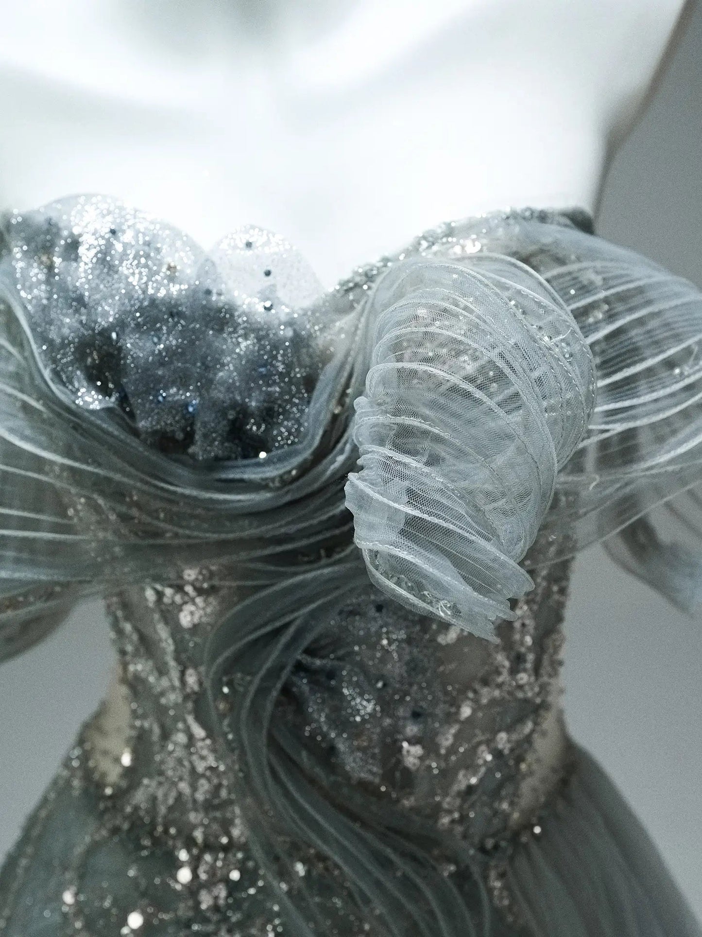 Grey Off the Shoulder Evening Gown with Sparkly Tulle, Overskirt & Lace-Up Back - CQ0106-Couture Gown 2025 -Viniodress-Grey-Custom Size-