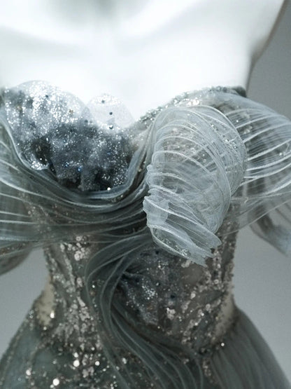 Grey Off the Shoulder Evening Gown with Sparkly Tulle, Overskirt & Lace-Up Back - CQ0106-Couture Gown 2025 -Viniodress-Grey-Custom Size-