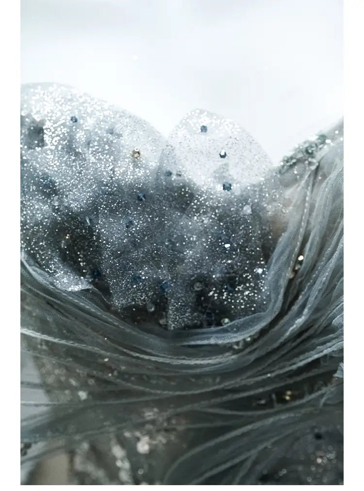 Grey Off the Shoulder Evening Gown with Sparkly Tulle, Overskirt & Lace-Up Back - CQ0106-Couture Gown 2025 -Viniodress-Grey-Custom Size-