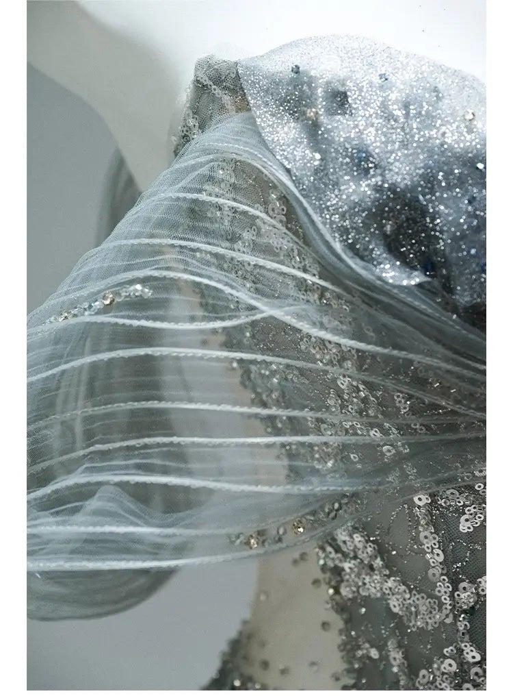 Grey Off the Shoulder Evening Gown with Sparkly Tulle, Overskirt & Lace-Up Back - CQ0106-Couture Gown 2025 -Viniodress-Grey-Custom Size-