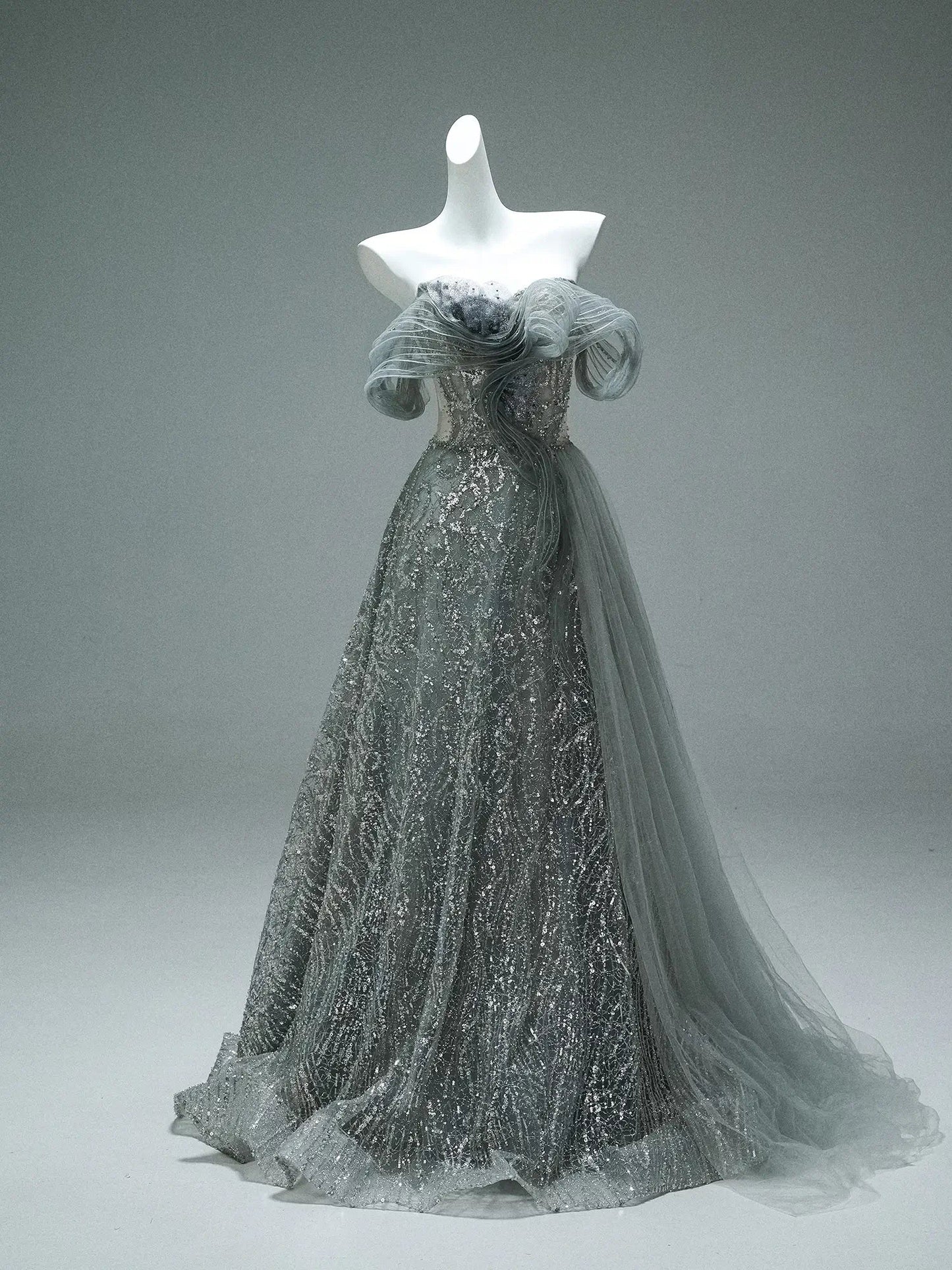 Grey Off the Shoulder Evening Gown with Sparkly Tulle, Overskirt & Lace-Up Back - CQ0106-Couture Gown 2025 -Viniodress-Grey-Custom Size-