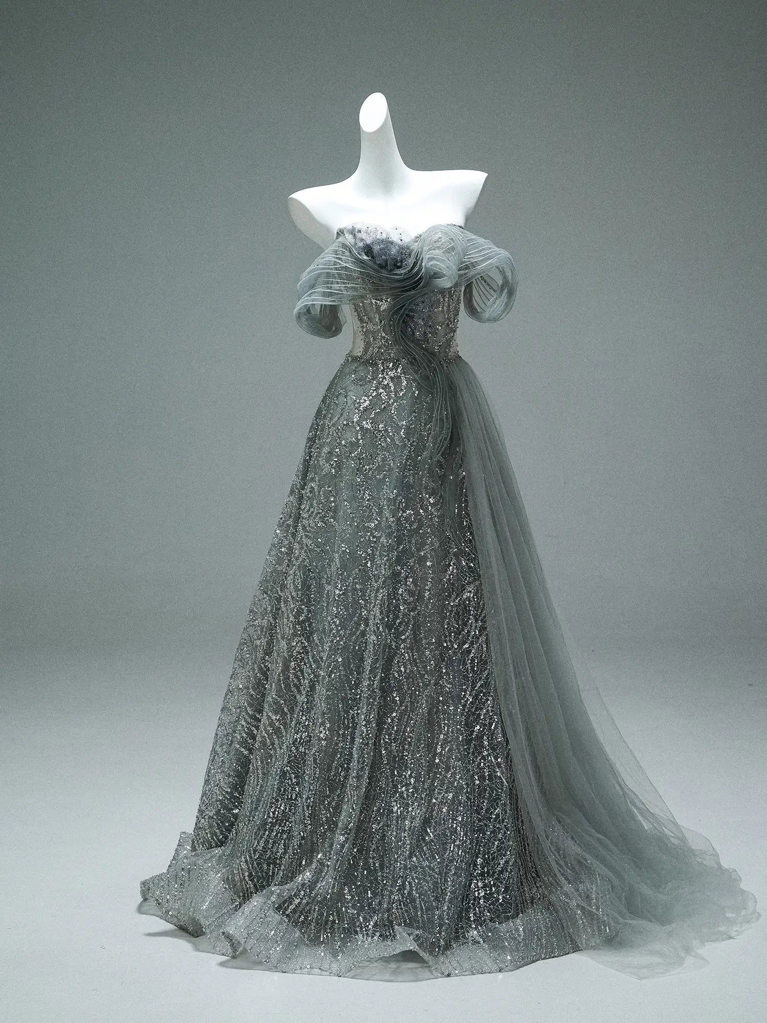 Grey Off the Shoulder Evening Gown with Sparkly Tulle, Overskirt & Lace-Up Back - CQ0106-Couture Gown 2025 -Viniodress-Grey-Custom Size-