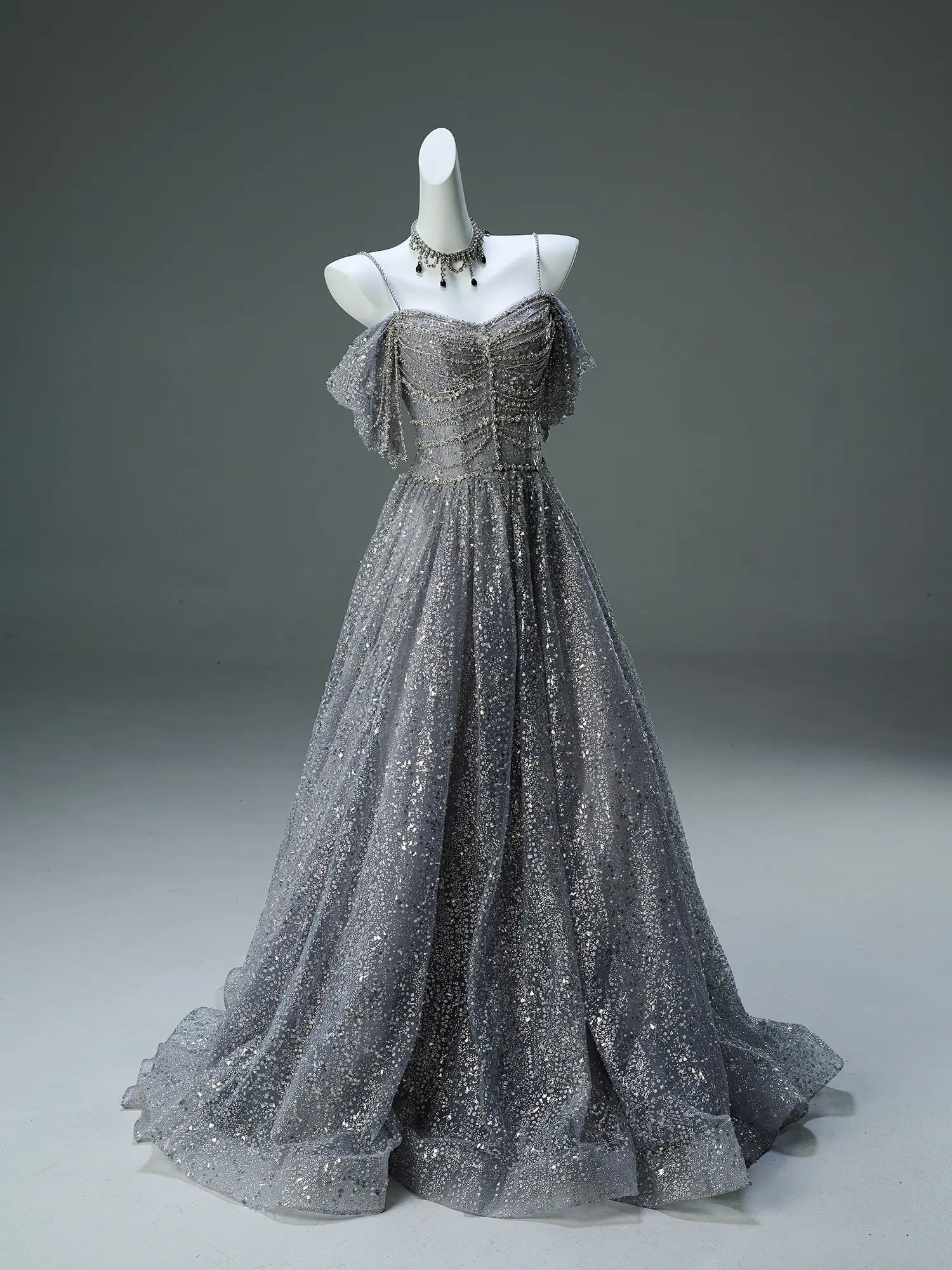 Grey Off the Shoulder Formal Dress with Sparkly Tulle, Rhinestone & Spaghetti Straps - CQ0130-Couture Gown 2025 -Viniodress-Grey-Custom Size-
