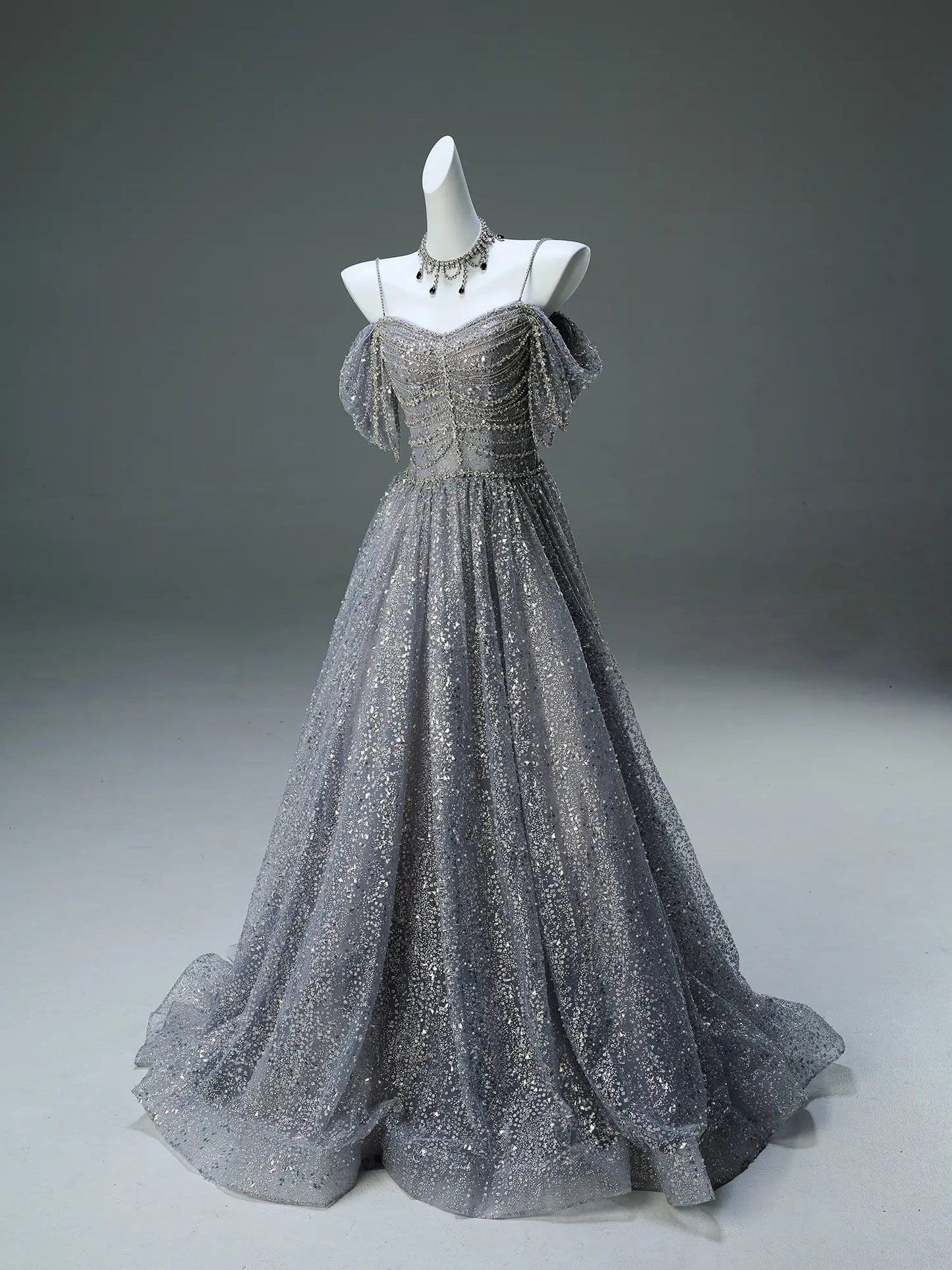 Grey Off the Shoulder Formal Dress with Sparkly Tulle, Rhinestone & Spaghetti Straps - CQ0130-Couture Gown 2025 -Viniodress-Grey-Custom Size-