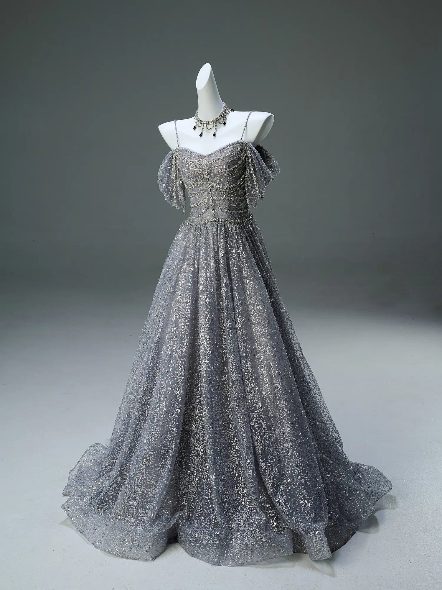 Grey Off the Shoulder Formal Dress with Sparkly Tulle, Rhinestone & Spaghetti Straps - CQ0130-Couture Gown 2025 -Viniodress-Grey-Custom Size-