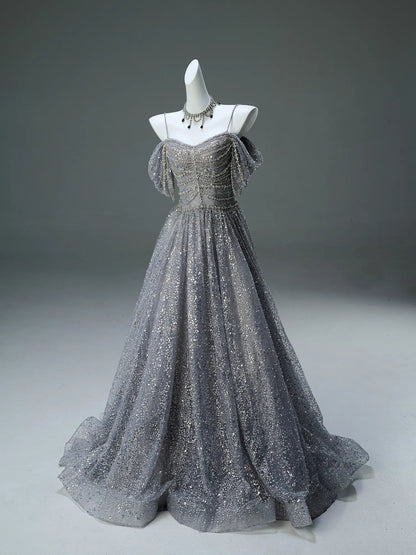 Grey Off the Shoulder Formal Dress with Sparkly Tulle, Rhinestone & Spaghetti Straps - CQ0130-Couture Gown 2025 -Viniodress-Grey-Custom Size-