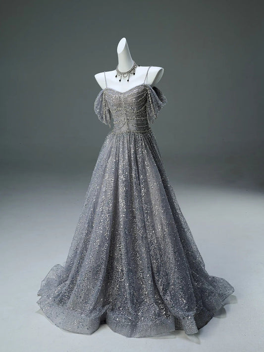 Grey Off the Shoulder Formal Dress with Sparkly Tulle, Rhinestone & Spaghetti Straps - CQ0130-Couture Gown 2025 -Viniodress-Grey-Custom Size-