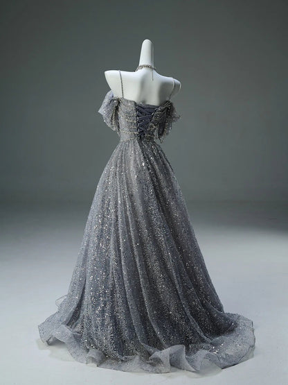 Grey Off the Shoulder Formal Dress with Sparkly Tulle, Rhinestone & Spaghetti Straps - CQ0130-Couture Gown 2025 -Viniodress-Grey-Custom Size-