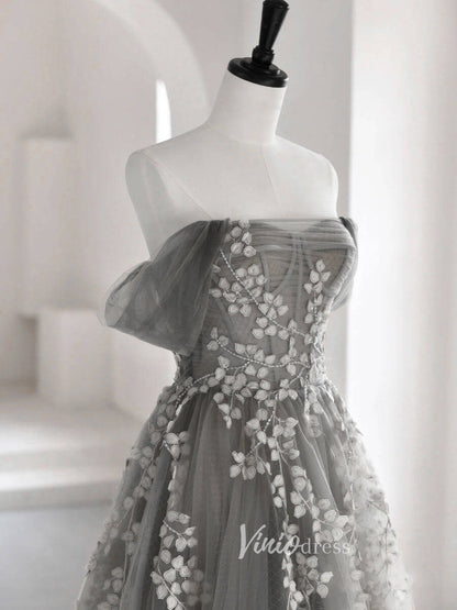 Grey Off the Shoulder Prom Dresses Lace Up Back Evening Dress FD3175-prom dresses 2025 -Viniodress-Grey-Custom Size-