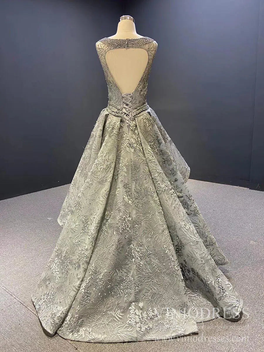 Grey Pearl Lace Prom Dresses Open Back High Low Evening Gowns 66595-prom dresses 2025 -Viniodress-Grey-Custom Size-