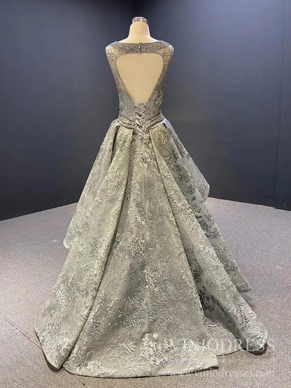 Grey Pearl Lace Prom Dresses Open Back High Low Evening Gowns 66595-prom dresses 2025 -Viniodress-Grey-Custom Size-