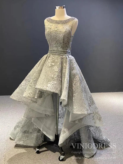 Grey Pearl Lace Prom Dresses Open Back High Low Evening Gowns 66595-prom dresses 2025 -Viniodress-Grey-Custom Size-