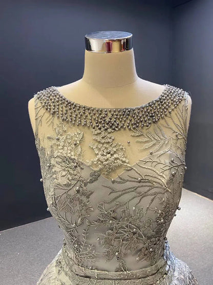 Grey Pearl Lace Prom Dresses Open Back High Low Evening Gowns 66595-prom dresses 2025 -Viniodress-Grey-Custom Size-