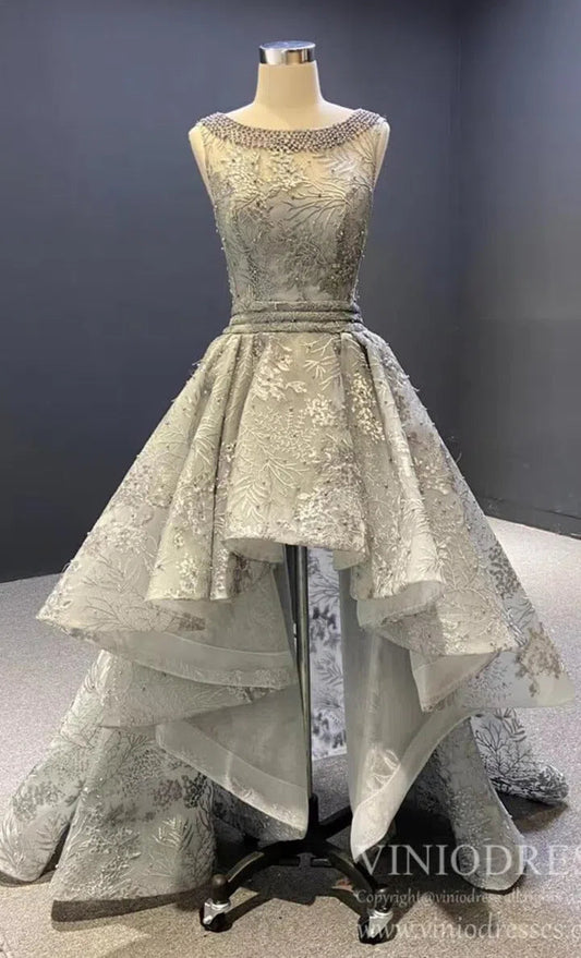 Grey Pearl Lace Prom Dresses Open Back High Low Evening Gowns 66595-prom dresses 2025 -Viniodress-Grey-Custom Size-