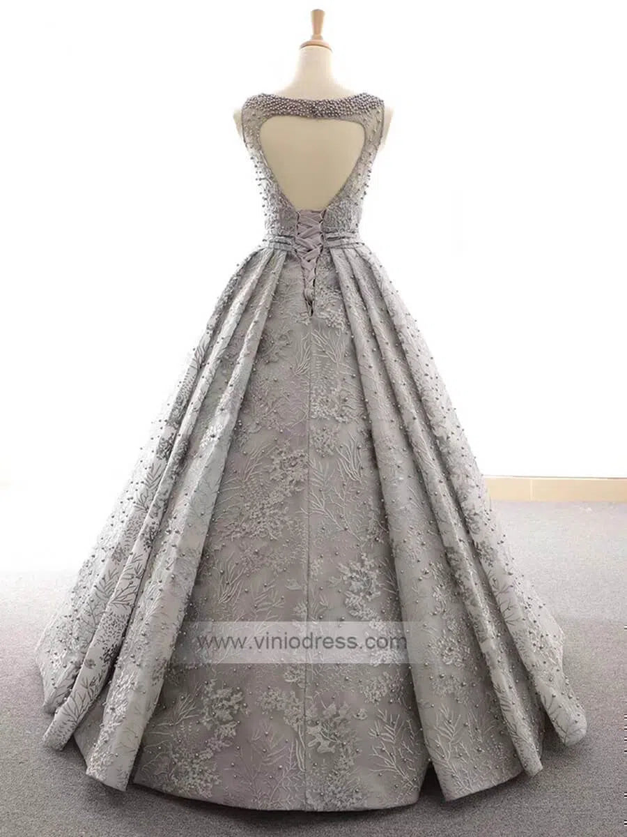 Grey Pearls Lace Prom Dresses Open Back Quinceanera Dress FD1151 viniodress-prom dresses-Viniodress-Viniodress