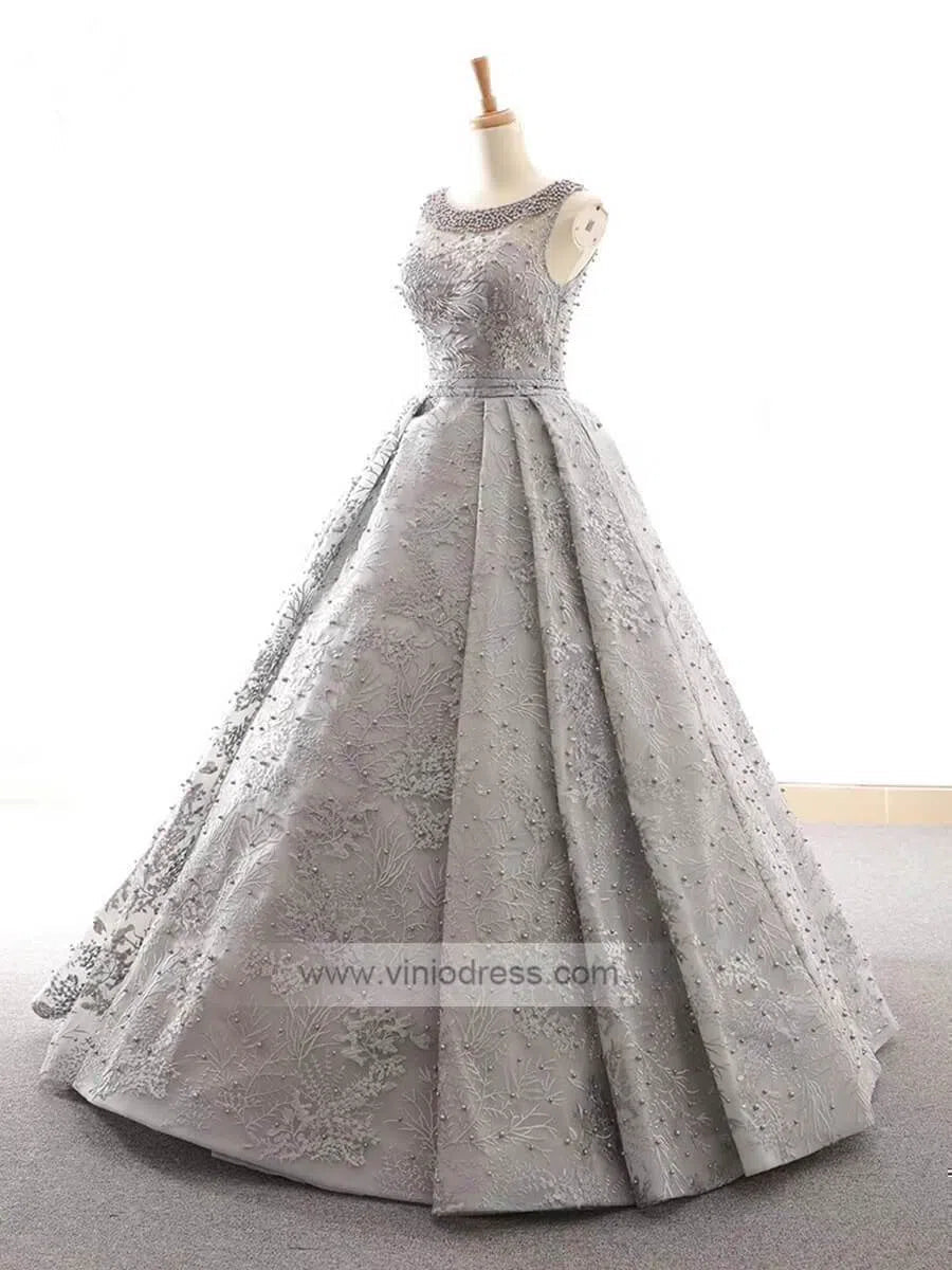 Prom Dress 2025 Grey Pearls Lace Prom Dresses Open Back Quinceanera Dress FD1151 viniodress-unique prom dresses-Grey-US 2-Viniodress