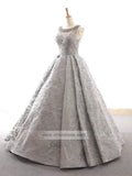 Grey Pearls Lace Prom Dresses Open Back Quinceanera Dress FD1151 viniodress-prom dresses-Viniodress-Viniodress