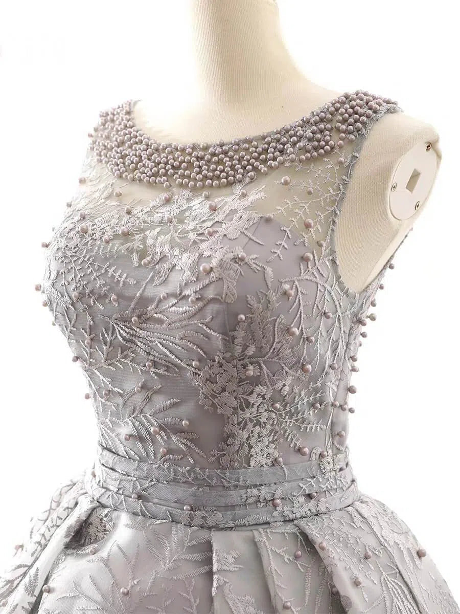 Prom Dress 2025 Grey Pearls Lace Prom Dresses Open Back Quinceanera Dress FD1151 viniodress-unique prom dresses-Grey-US 2-Viniodress