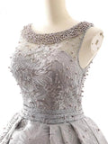 Grey Pearls Lace Prom Dresses Open Back Quinceanera Dress FD1151 viniodress-prom dresses-Viniodress-Viniodress