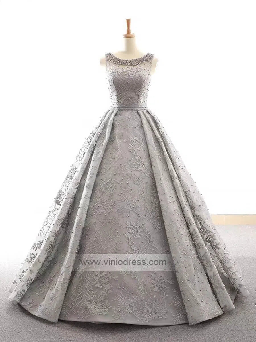 Grey Pearls Lace Prom Dresses Open Back Quinceanera Dress FD1151 viniodress-prom dresses-Viniodress-Grey-US 2-Viniodress