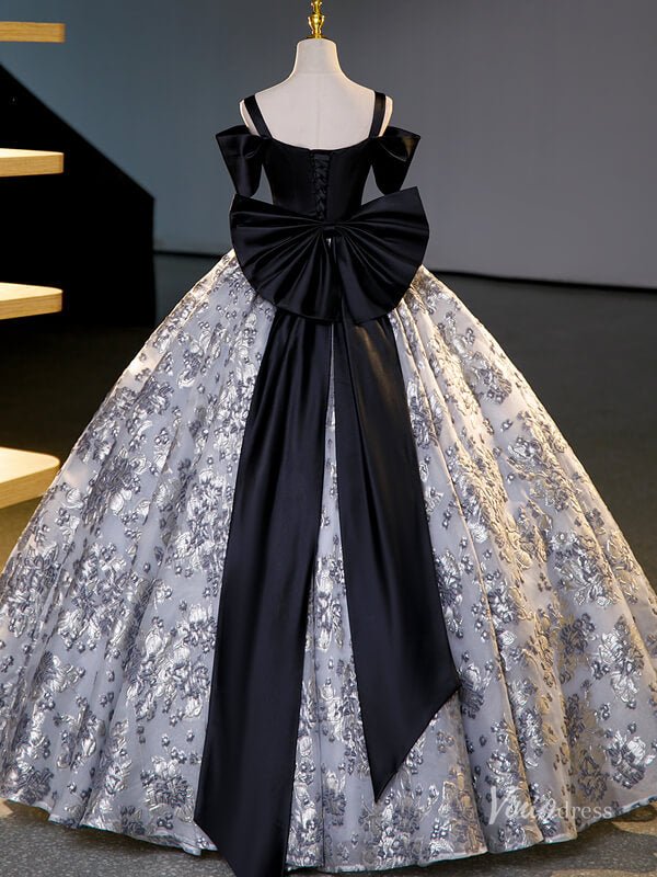 Grey Prom Ball Gown with Silver Floral Jacquard Bow Tie Quinceanera Dresses BG067-prom dresses 2025 -Viniodress-Grey-Custom Size-