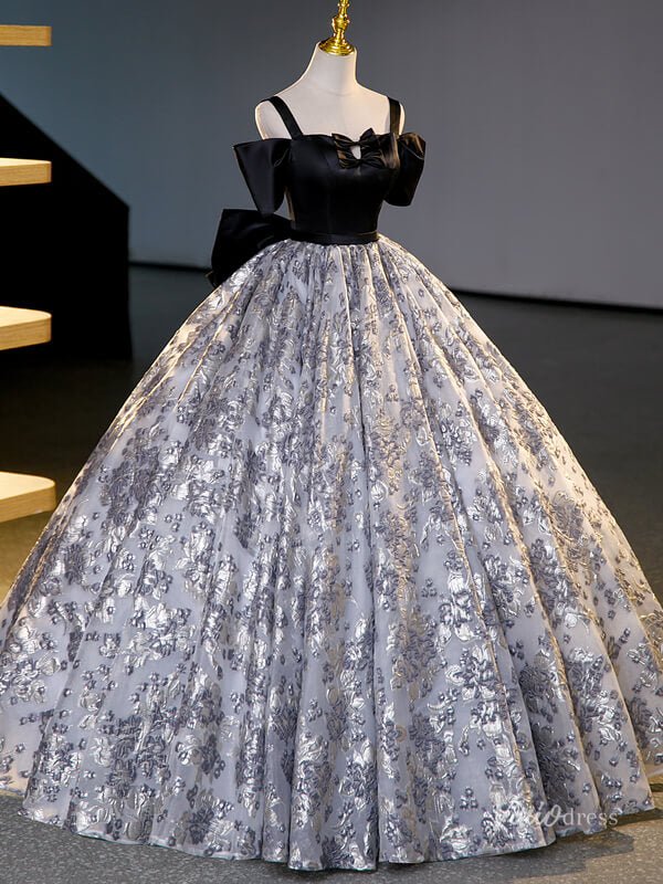Grey Prom Ball Gown with Silver Floral Jacquard Bow Tie Quinceanera Dresses BG067-prom dresses 2025 -Viniodress-Grey-Custom Size-