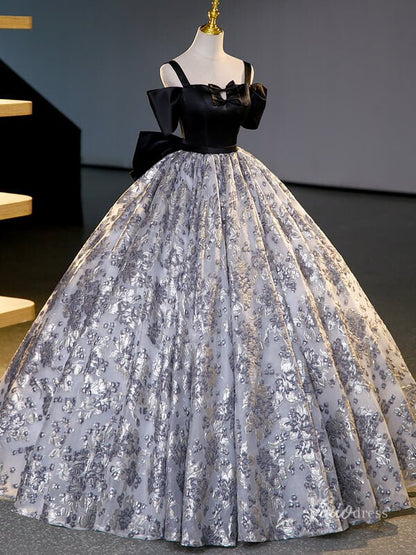 Grey Prom Ball Gown with Silver Floral Jacquard Bow Tie Quinceanera Dresses BG067-prom dresses 2025 -Viniodress-Grey-Custom Size-