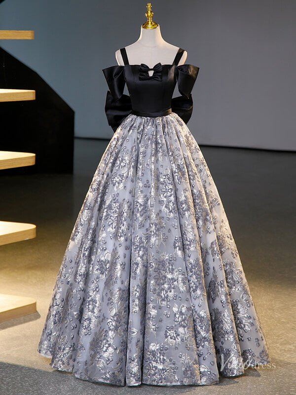 Grey Prom Ball Gown with Silver Floral Jacquard Bow Tie Quinceanera Dresses BG067-prom dresses 2025 -Viniodress-Grey-Custom Size-